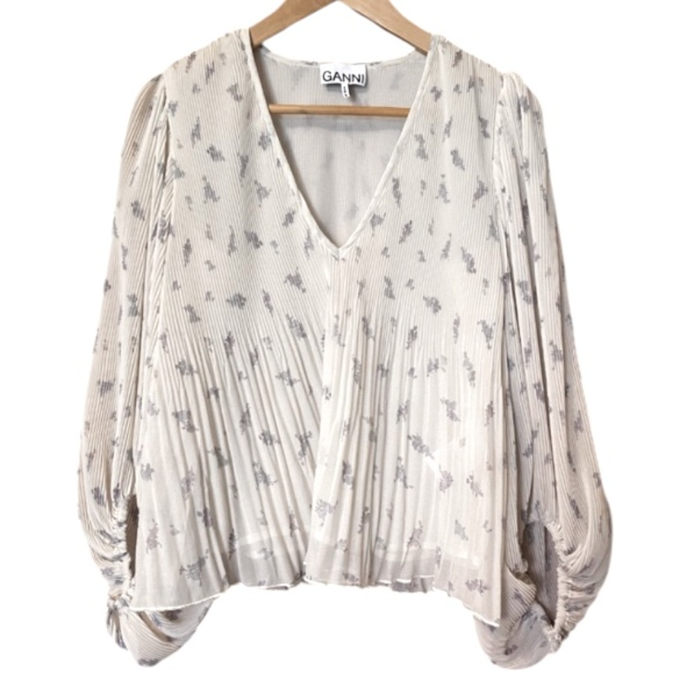 GANNI Floral Georgette Top With Balloon Sleeves and Plisse Tucks size 36 4 US - Picture 6 of 12